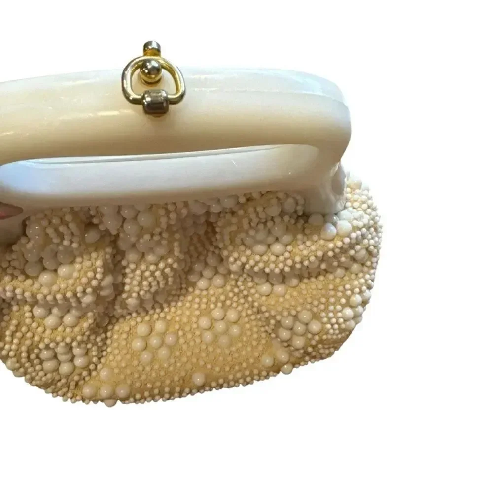 Vintage 1960s Elegant Beaded Cream Clutch with Gold Clasp